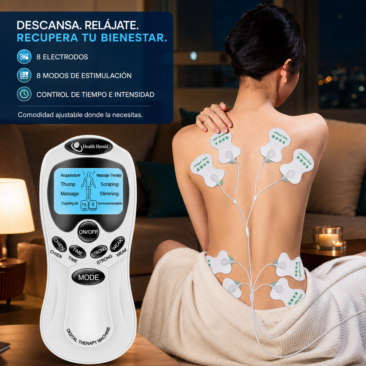 Electroestimulador Digital 8 Electrodos – Gimnasia Pasiva y Masaje Muscular